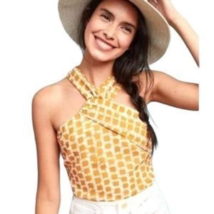 Anthropologie Waverly Grey Batik Blouse Yellow Motif Halter Top Size S